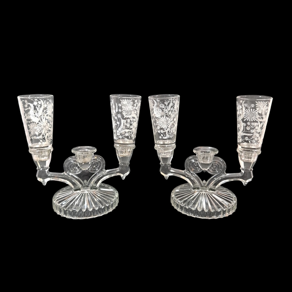 VTG Jeanette Cosmo Triple Candle Glass Holder Set W/ Original Votive Cups Set/2